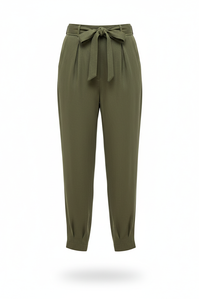 Pantalon En Lin Vert Kaki Plissé Fuselé Élégant - vue 3
