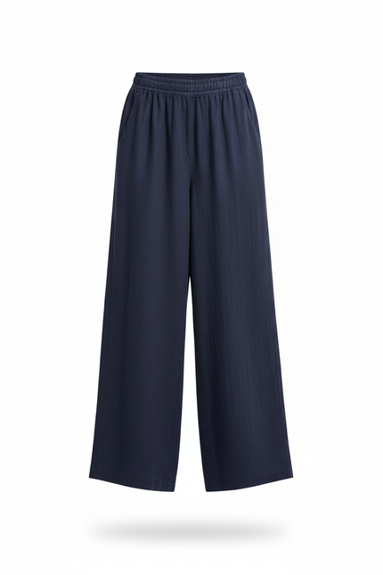 Pantalon En Lin Ample Bleu Marine Fluide Élastiqué - vue 3