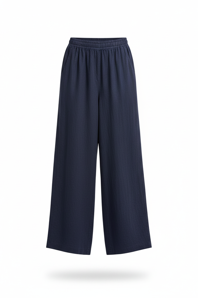 Pantalon En Lin Ample Bleu Marine Fluide Élastiqué - vue 3