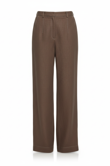 Pantalon En Lin Marron Ample Taille Haute Élégant - vue 3