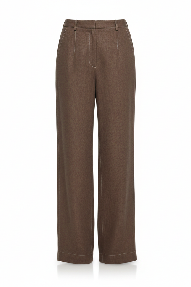 Pantalon En Lin Marron Ample Taille Haute Élégant - vue 3