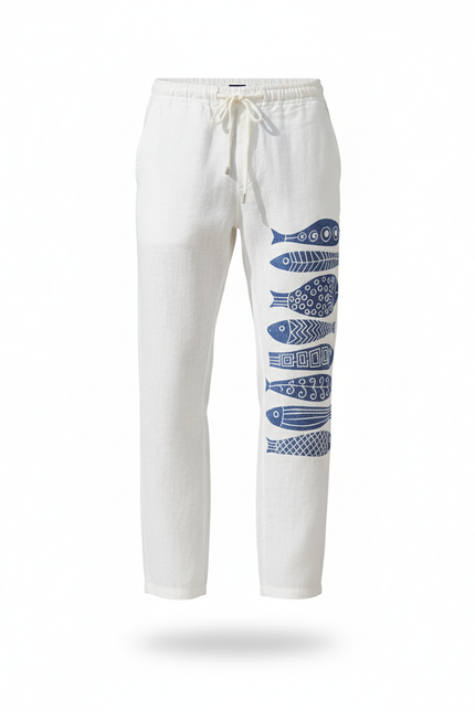 Pantalon En Lin Blanc Imprimé Poissons Bleus Décontracté Homme - vue 3