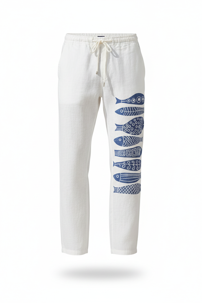Pantalon En Lin Blanc Imprimé Poissons Bleus Décontracté Homme - vue 3
