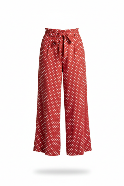 Pantalon En Lin Rouge Ample Fluide À Pois - vue 3