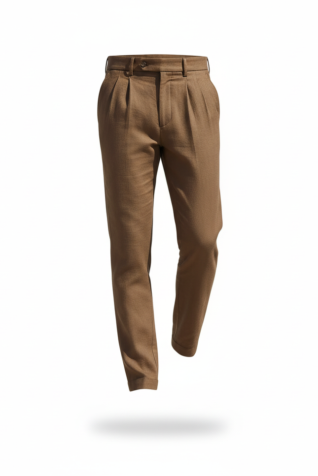 Pantalon En Lin Marron Plissé Décontracté Homme Élégant - vue 3