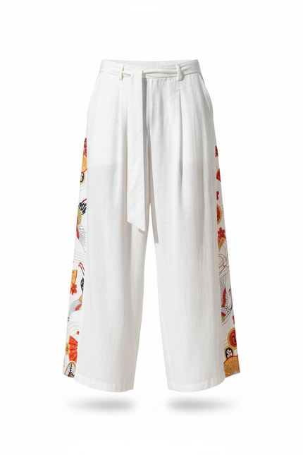 Pantalon En Lin Blanc Ample Motif Japonais Homme - vue 3