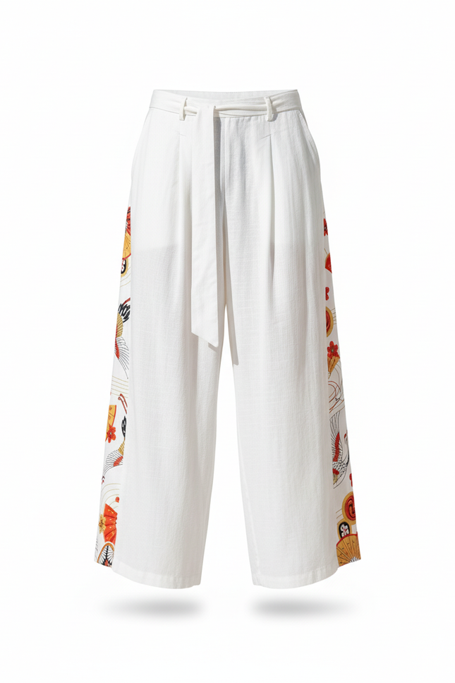Pantalon En Lin Blanc Ample Motif Japonais Homme - vue 3