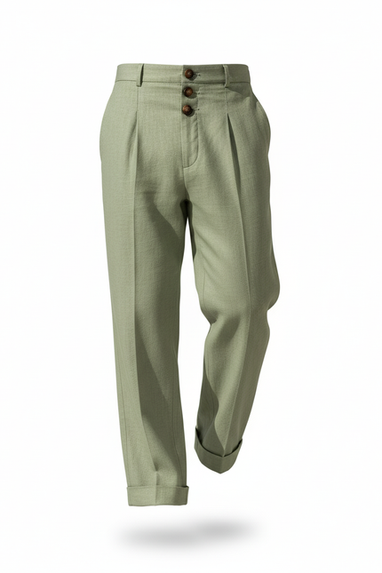Pantalon En Lin Vert Ample Boutonné Élégant Homme - vue 3
