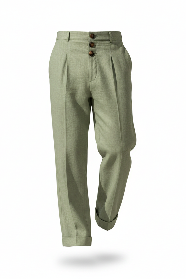 Pantalon En Lin Vert Ample Boutonné Élégant Homme - vue 3
