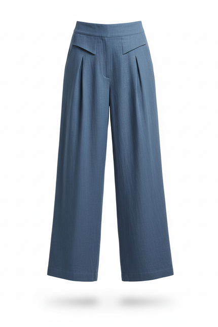 Pantalon En Lin Bleu Ample Plissé Décontracté Femme - vue 3