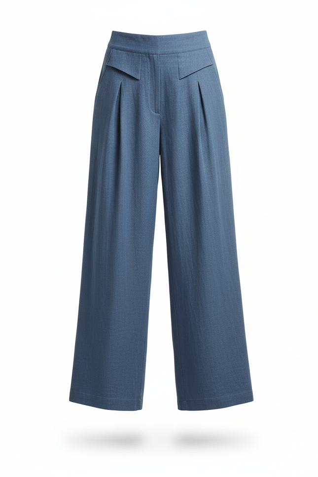 Pantalon En Lin Bleu Ample Plissé Décontracté Femme - vue 3