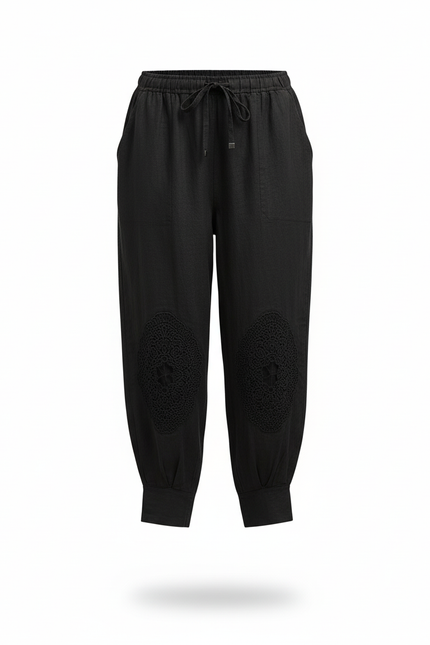 Pantalon En Lin Noir Harem Brodé Femme Décontracté - vue 3
