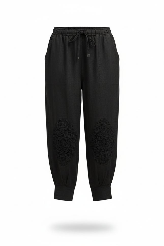 Pantalon En Lin Noir Harem Brodé Femme Décontracté - vue 3