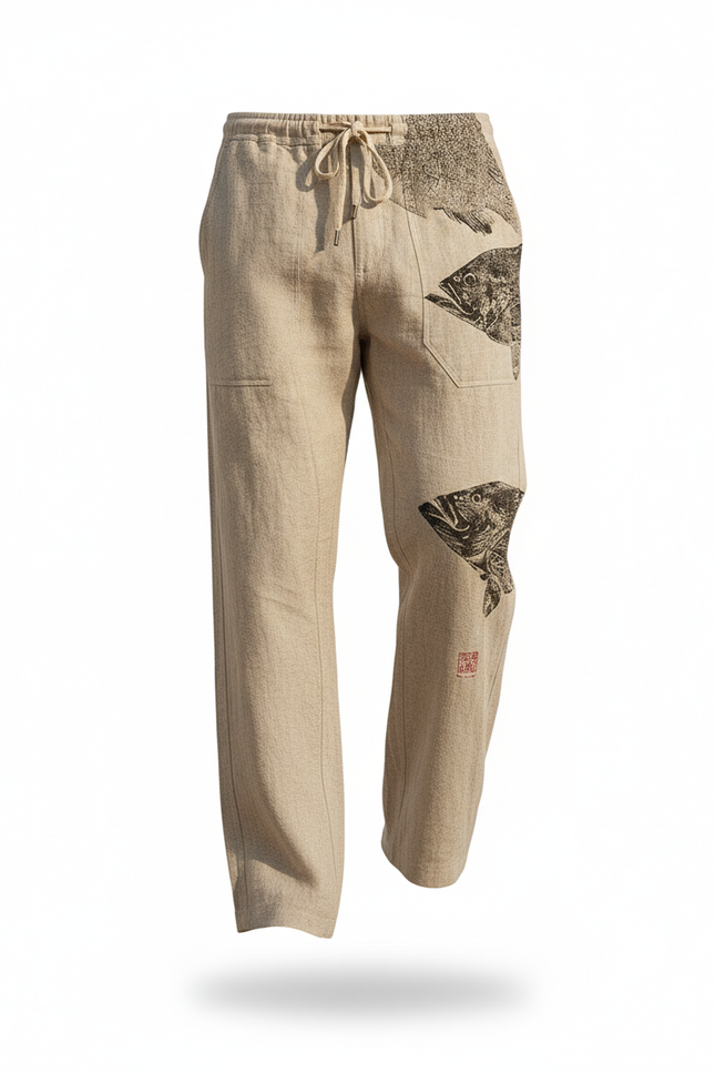 Pantalon En Lin Beige Imprimé Poissons Ample Décontracté - vue 3