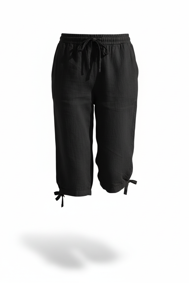 Pantalon En Lin Noir Ample Cordon Taille Élastique - vue 3