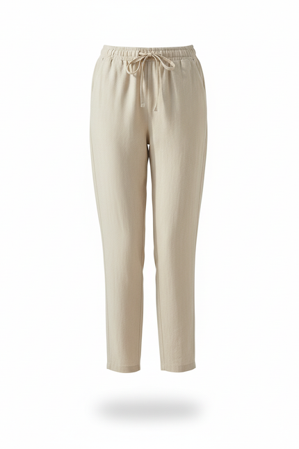 Pantalon En Lin Beige Cordon Décontracté Femme - vue 3