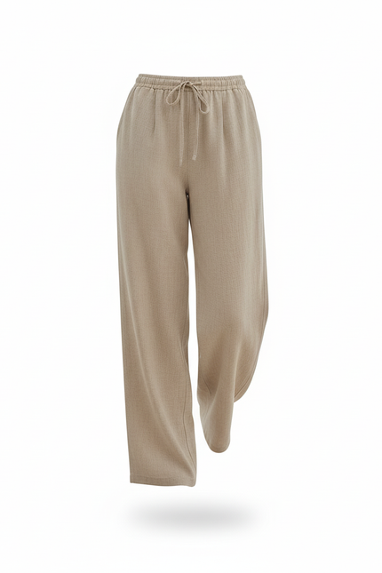 Pantalon En Lin Beige Ample Fluide Cordon Femme - vue 3
