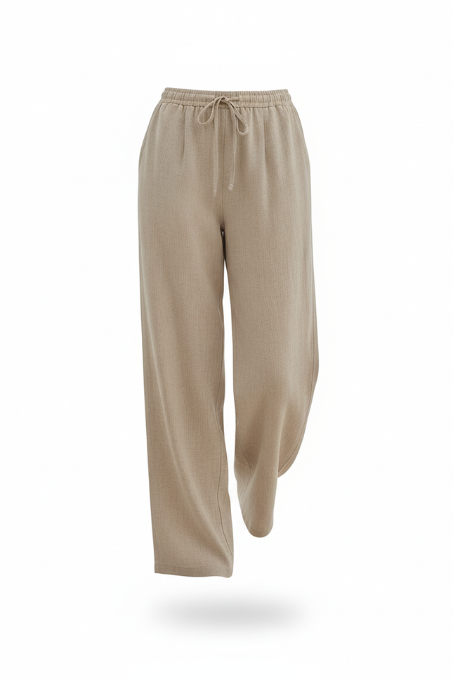 Pantalon En Lin Beige Ample Fluide Cordon Femme - vue 3