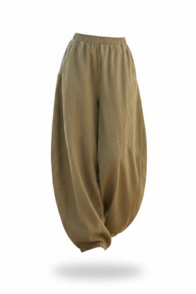 Pantalon En Lin Ample Vert Kaki Fluide Décontracté Femme - vue 3
