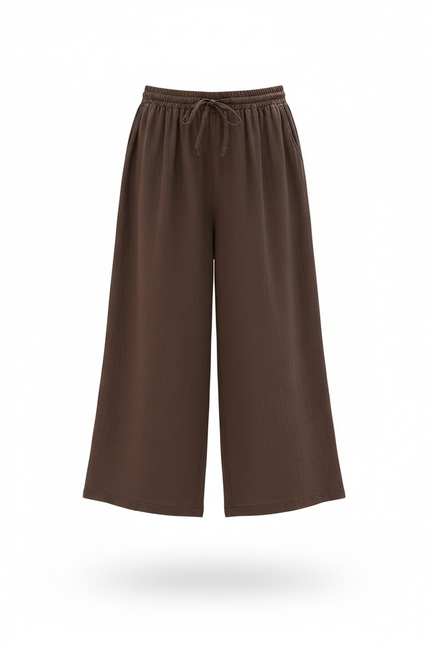 Pantalon En Lin Marron Ample Taille Élastique Fluide - vue 3