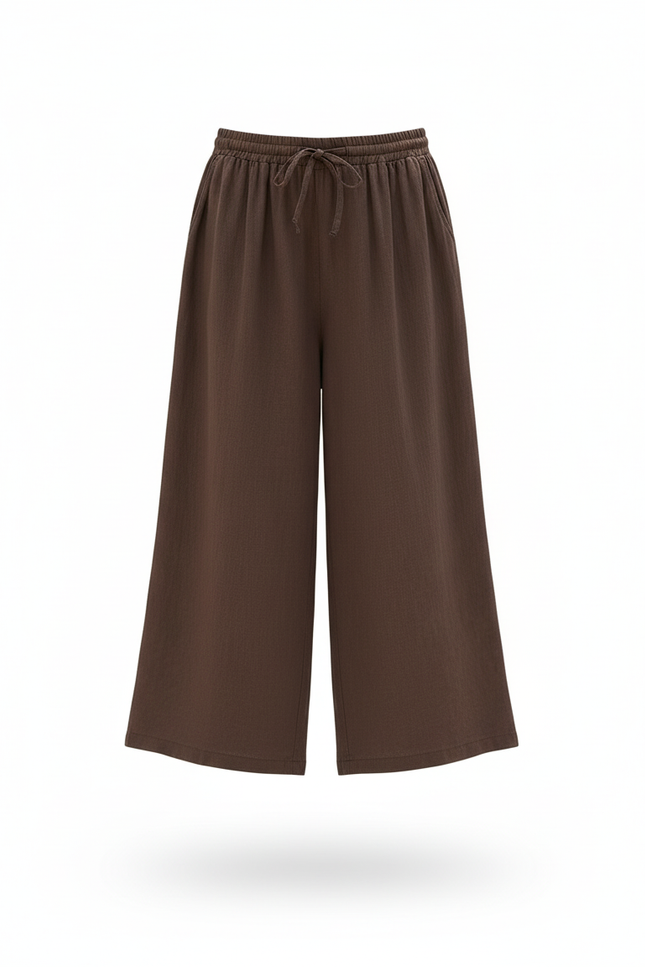 Pantalon En Lin Marron Ample Taille Élastique Fluide - vue 3