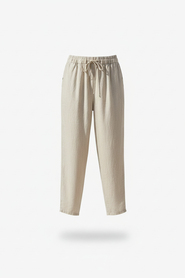 Pantalon En Lin Beige Ample Décontracté Poches Femme - vue 3