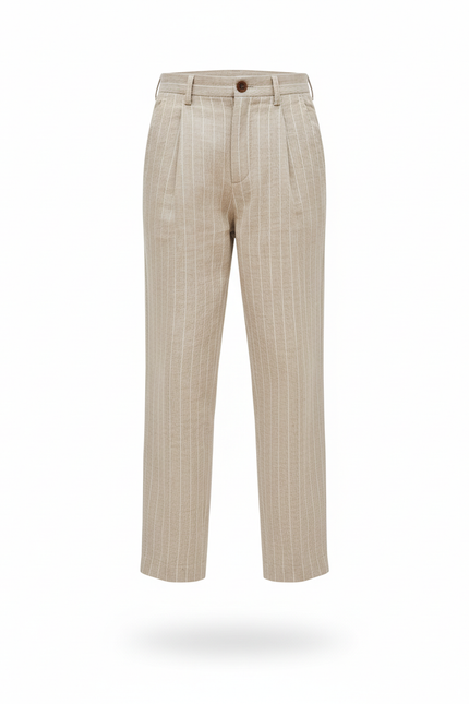 Pantalon En Lin Beige Rayé Droit Décontracté Enfant - vue 3