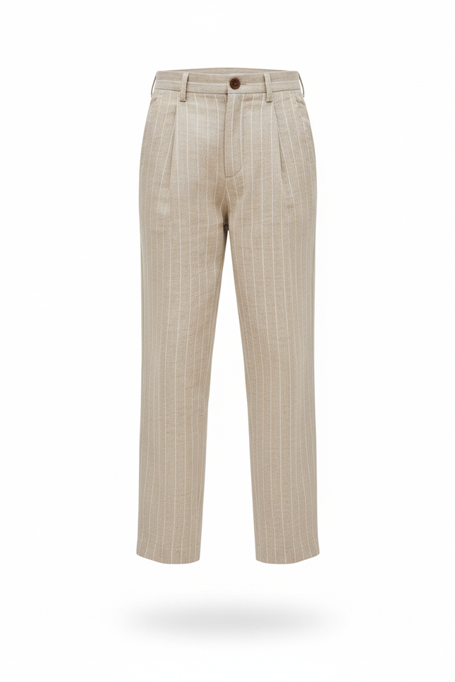 Pantalon En Lin Beige Rayé Droit Décontracté Enfant - vue 3