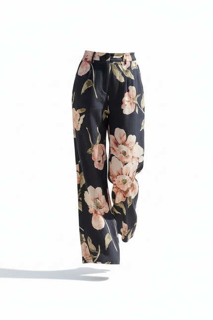 Pantalon En Lin Noir Imprimé Floral Fluide Élégant - vue 3