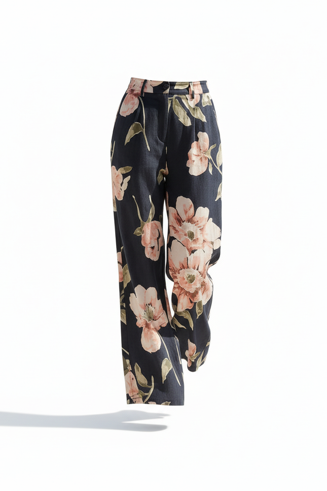 Pantalon En Lin Noir Imprimé Floral Fluide Élégant - vue 3