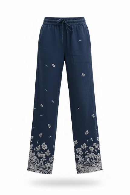 Pantalon En Lin Bleu Marine Ample Imprimé Floral - vue 3
