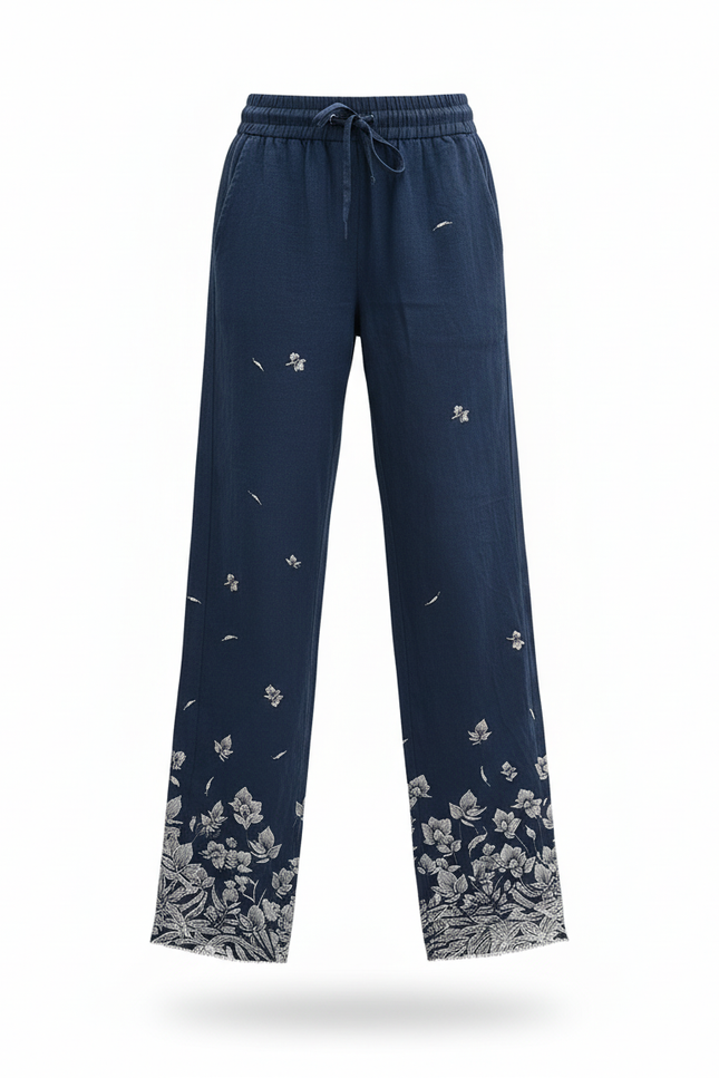 Pantalon En Lin Bleu Marine Ample Imprimé Floral - vue 3