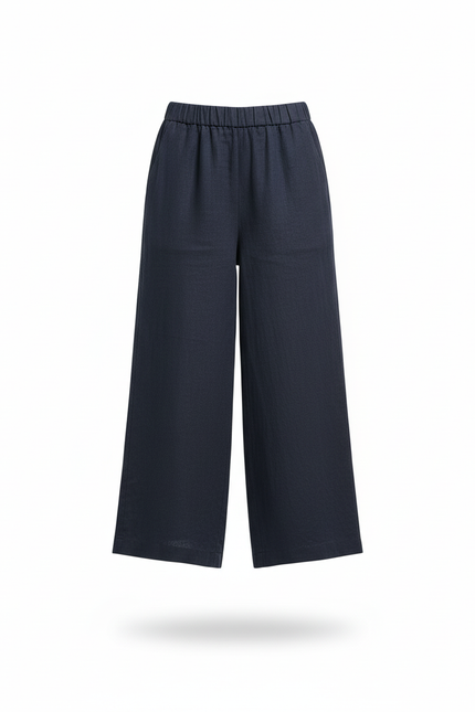 Pantalon En Lin Ample Bleu Marine Fluide Court - vue 3