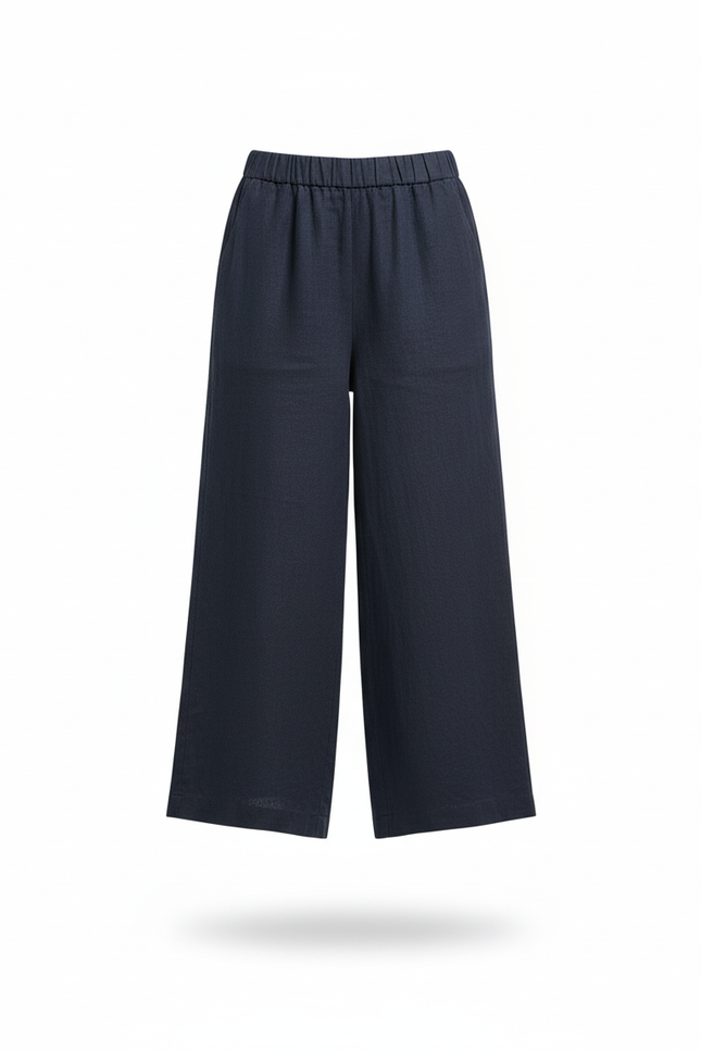 Pantalon En Lin Ample Bleu Marine Fluide Court - vue 3