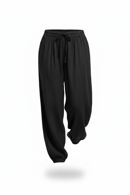 Pantalon En Lin Noir Ample Plissé Cordon Femme - vue 3