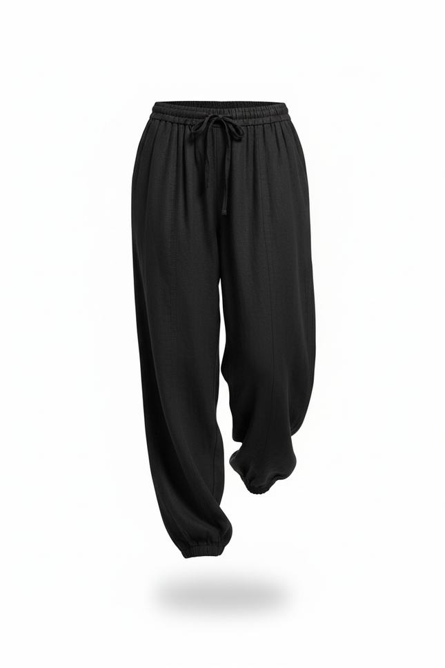 Pantalon En Lin Noir Ample Plissé Cordon Femme - vue 3