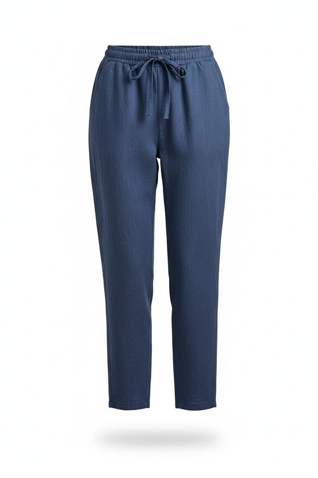Pantalon En Lin Bleu Cordon Taille Élastique Décontracté Femme - vue 3