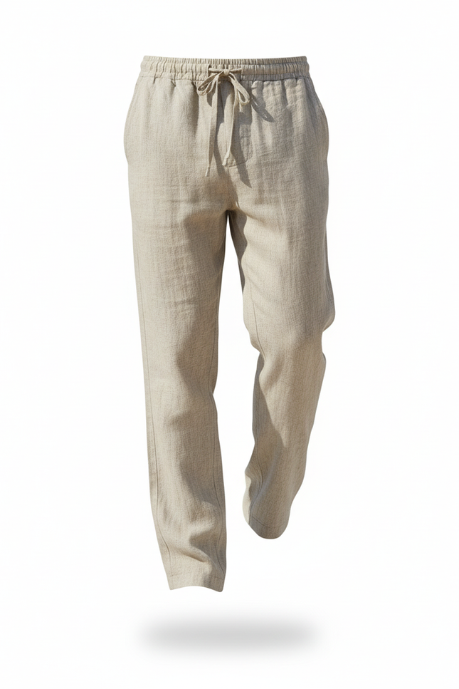 Pantalon En Lin Beige Ample Décontracté Cordon - vue 3