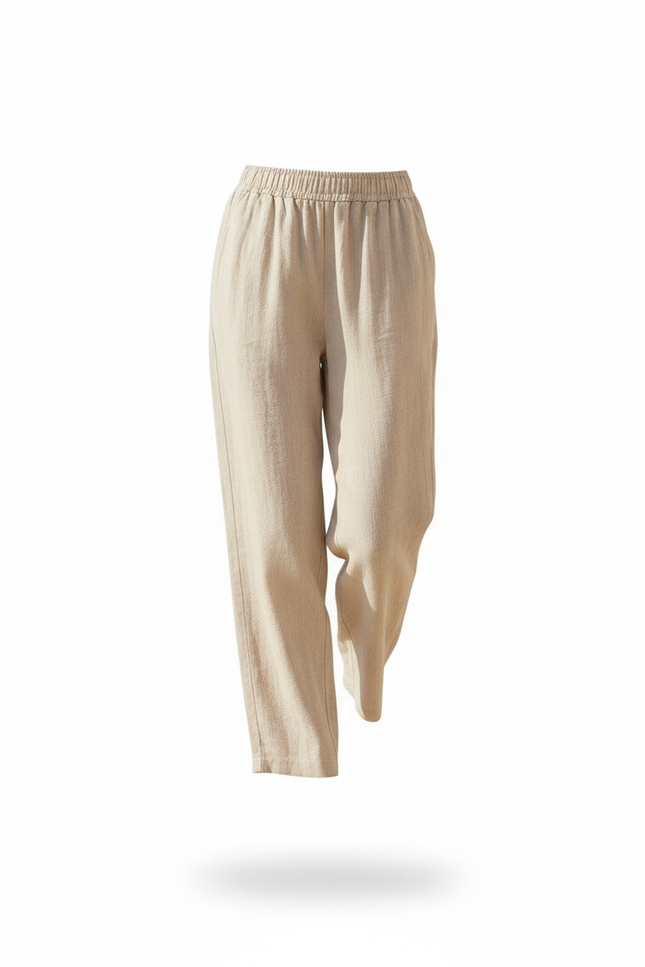Pantalon En Lin Beige Ample Décontracté Taille Élastique - vue 3