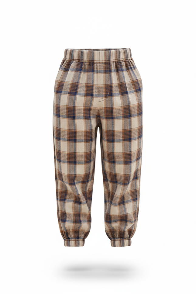 Pantalon En Lin Carreaux Marron Ample Décontracté Enfant - Multicolore - vue 3
