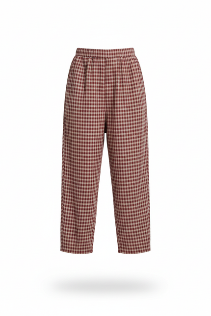 Pantalon En Lin Carreaux Rouge Ample Décontracté Confortable - Bordeaux - vue 3