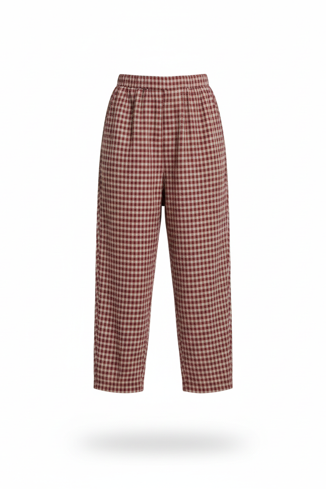 Pantalon En Lin Carreaux Rouge Ample Décontracté Confortable - Bordeaux - vue 3