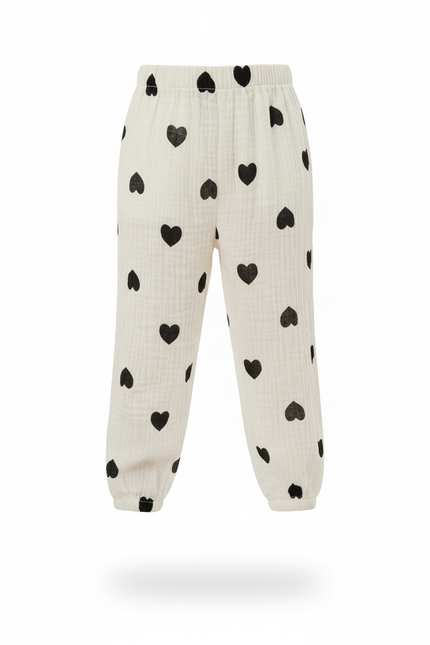 Pantalon En Lin Crème Cœurs Noirs Ample Enfant - Beige - vue 3
