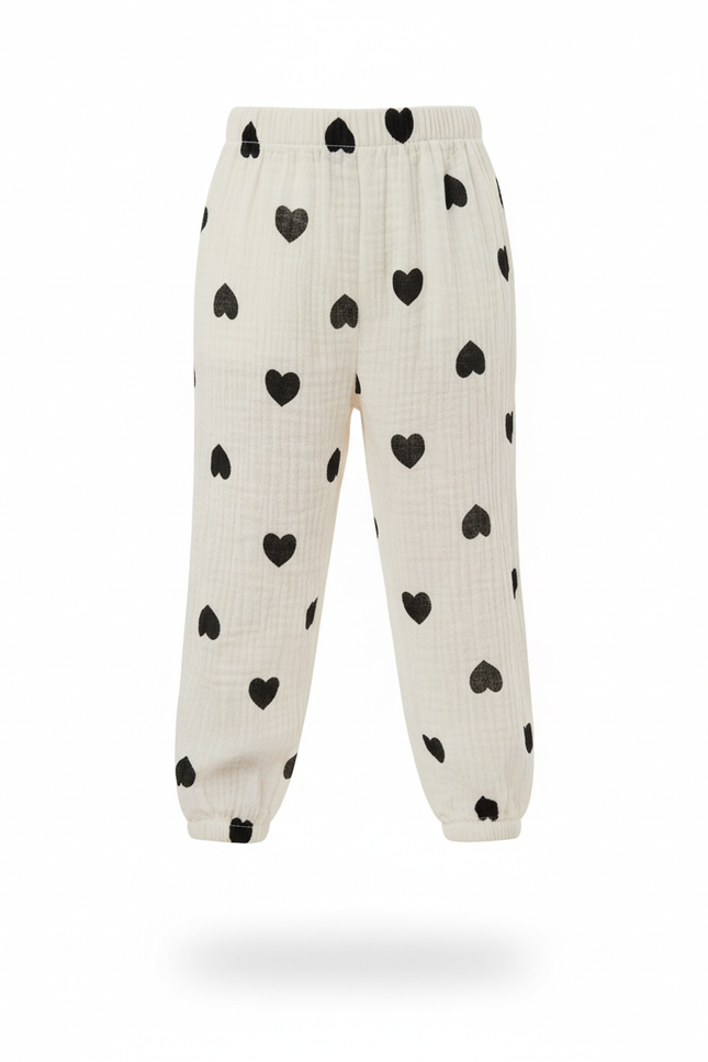 Pantalon En Lin Crème Cœurs Noirs Ample Enfant - Beige - vue 3