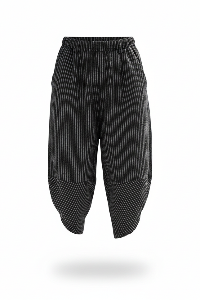 Pantalon En Lin Rayé Noir Ample Garçon Décontracté - vue 3