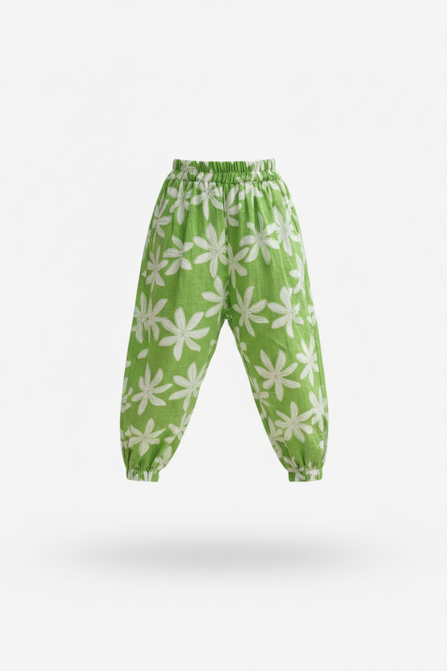 Pantalon En Lin Vert Fleuri Ample Fille Estival - vue 3