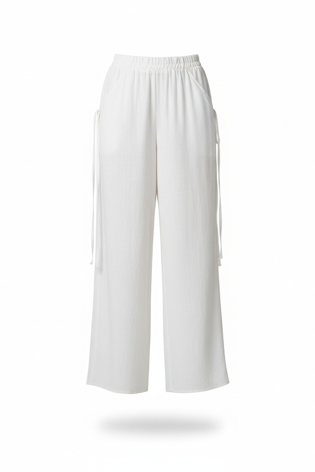 Pantalon En Lin Femme Blanc Coupe Ample Casual Été - vue 3