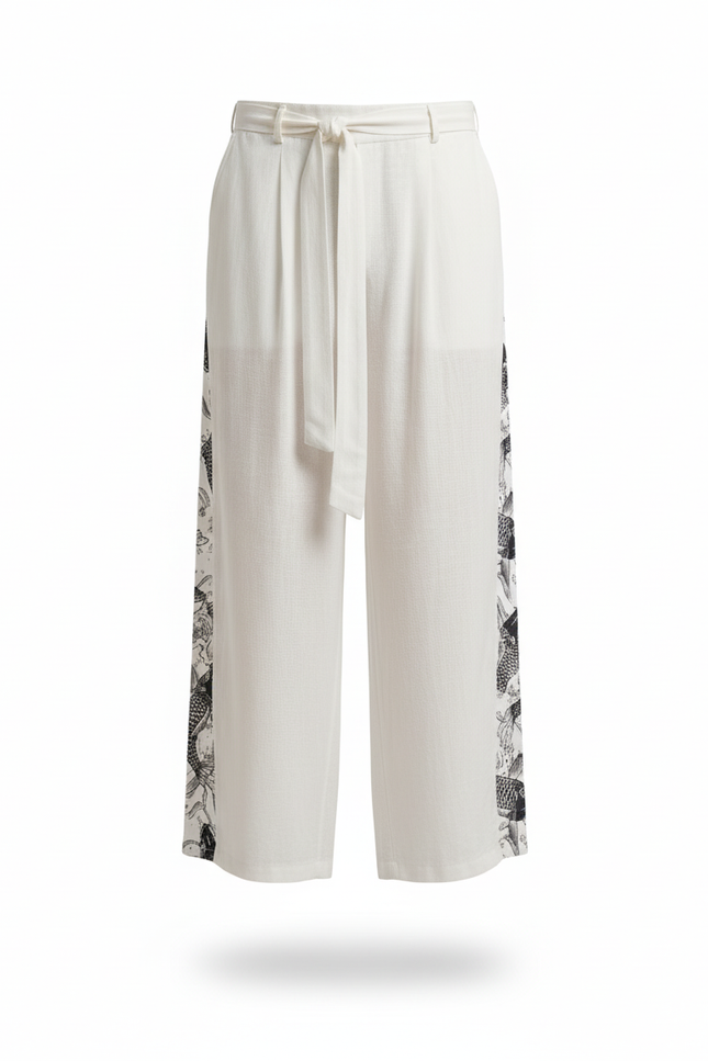 Pantalon En Lin Blanc Ample Imprimé Motif Japonais - vue 3