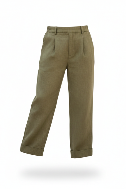 Pantalon En Lin Vert Ample Plissé Enfant - Kaki - vue 3