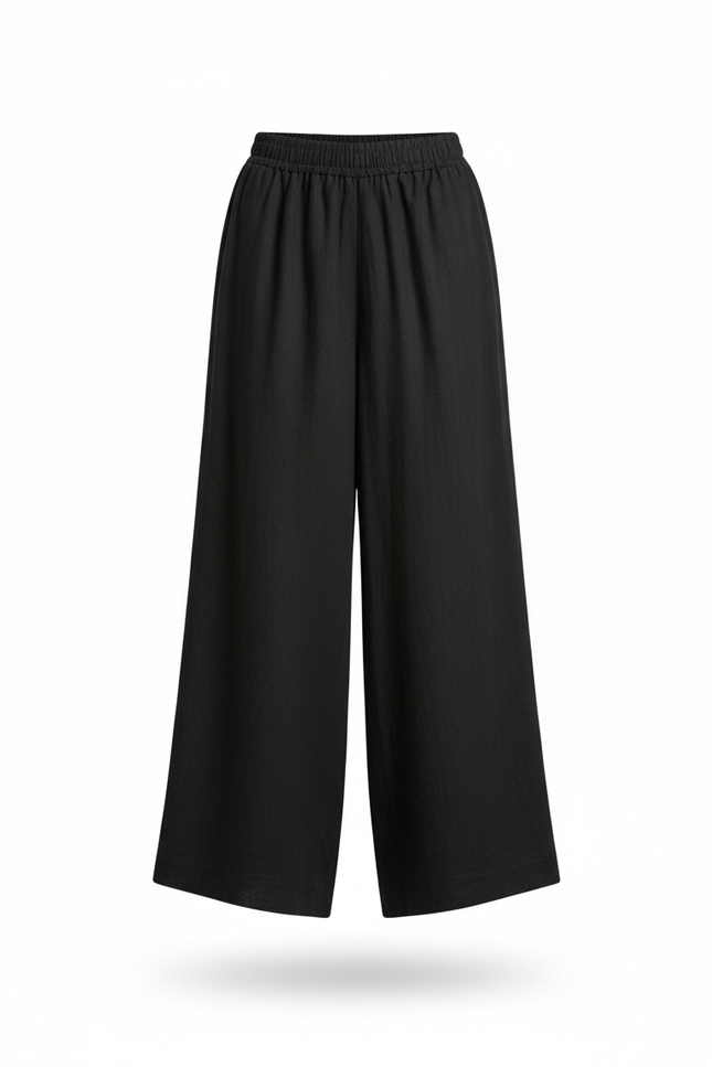 Pantalon En Lin Noir Ample Élastiqué Confortable Fluide Femme - vue 3